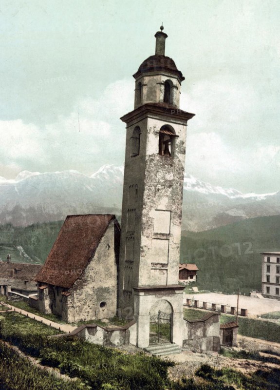 The Leaning Tower of St. Moritz is a church tower in the Swiss municipality of St. Moritz. It is a remnant of St Mauritius Church, Switzerland, demolished in 1893, c. 1890, Historic, digitally restored reproduction from a 19th century model