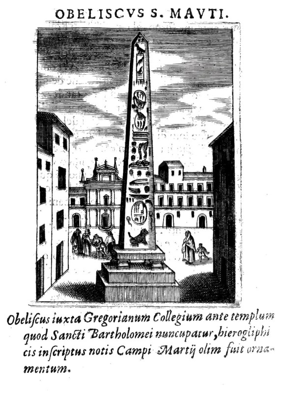 Obelisco di S. Mauto, Guglia si San Mauto, Obelisco Macuteo or Obelisco del Pantheon is an Egyptian obelisk in Rome on the Piazza della Rotonda in front of the Pantheon, Italy, Historical, digitally enhanced reproduction from Grandezze della citta di Roma antiche et moderne by Jacomo Crulli de Marcucci, from 1630, Rome