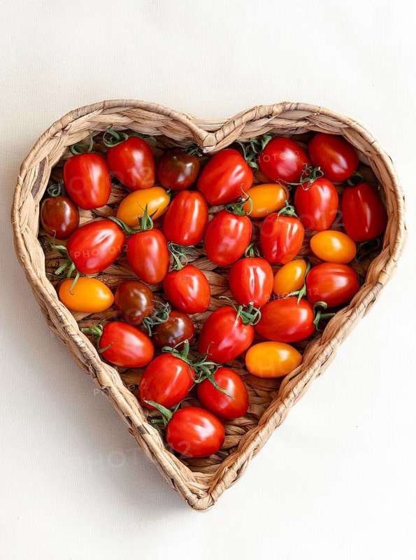 Hearty freshness. Colourful mix of fresh and crunchy tomatoes in a heart basket