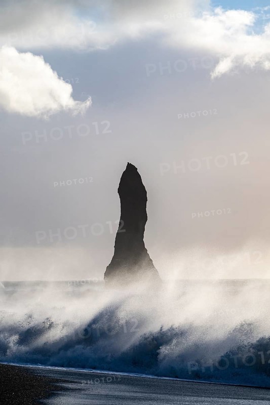 Rock needle in stormy surf, Vík í Mýrdal, Suðurland, Iceland