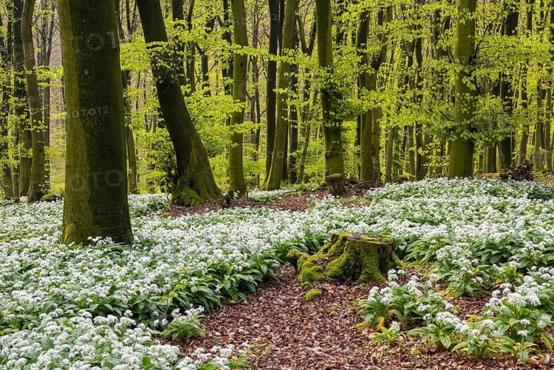 Wild garlic (Allium ursinum) in bloom in a beech forest in spring, Hilter, Lower Saxony, Germany