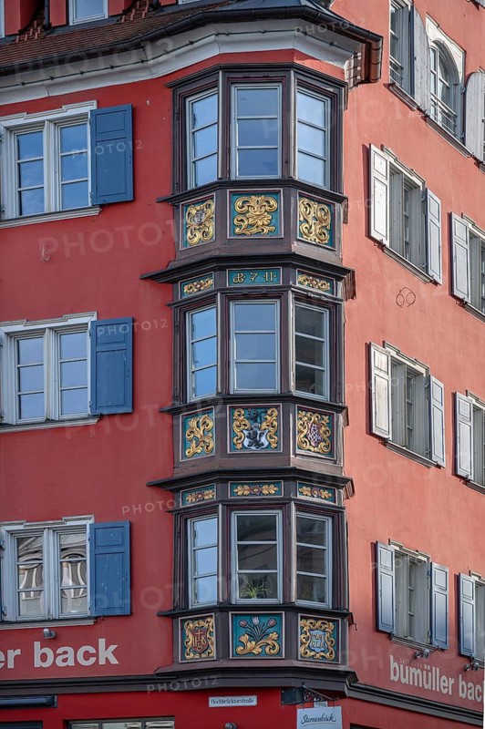 Three-storey, historic oriel from 1711 on the former merchant's house, 16th century, Hauptstrasse 32, Rottweil, Baden-Württemberg, Germany