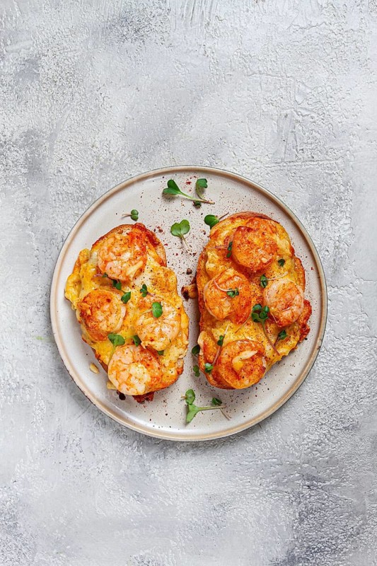 Sandwiches with shrimp and cheese, baked in the oven, with microgreens, breakfast, homemade, no people