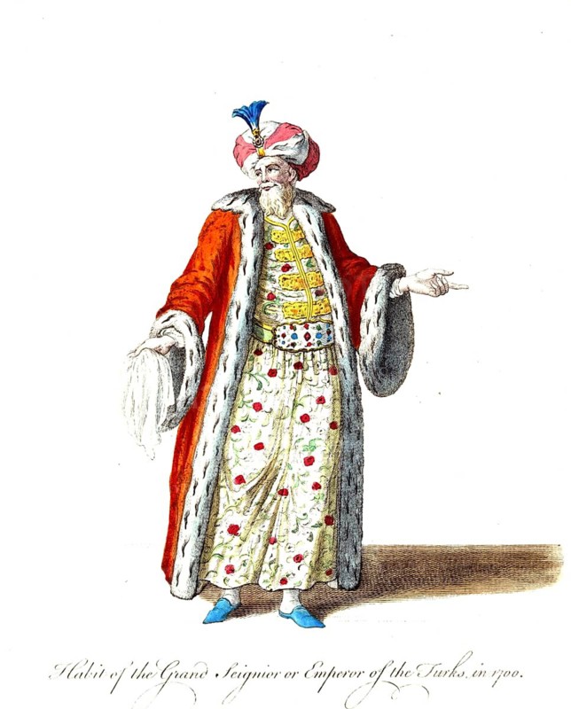 Historical clothing, fashion over time, clothing of the Grand Seignior, Emperor of the Turks, in the year 1700, digitally restored reproduction of a model from the 18th/19th century, exact date unknown, Ottoman ruler in red robe with turban and striped trousers