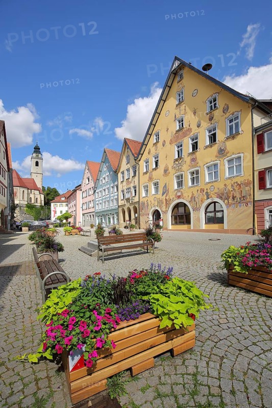 Market square with town hall built in 1765 and church tower, Horb, Neckar, Neckar Valley, Northern Black Forest, Black Forest, Baden-Württemberg, Germany