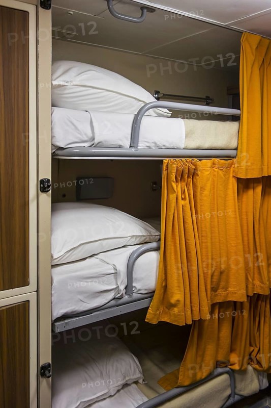 Bunk beds for the crew aboard the Redoutable, first SSBN ballistic missile submarine of the French Navy at the Cité de la Mer, maritime museum in Cherbourg, Normandy, France