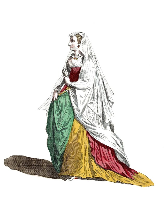 Historical clothing, fashion in the course of time, clothing of a noble lady from Rome in 1581, Italy, digitally restored reproduction of a model from the 18th/19th century, exact date unknown, woman in medieval clothing with coloured skirt and white veil