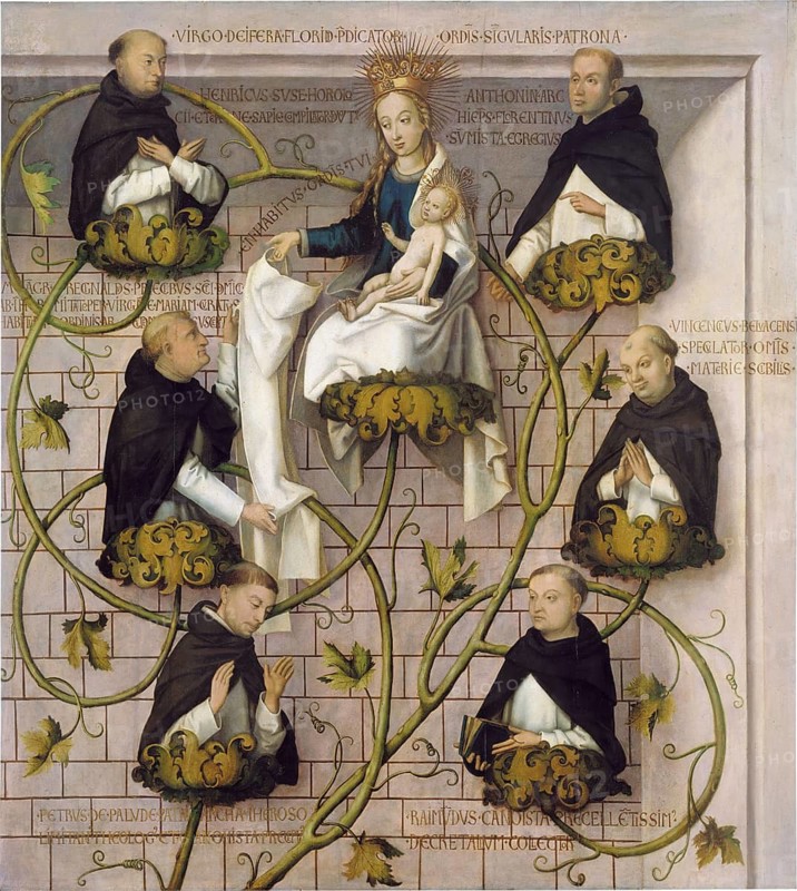 Picture shows the upper part of the family tree of the Dominicans from the Frankfurt Dominican altar, depicting important figures of the Dominican order growing from a tree of life, with the Virgin Mary and the infant Jesus in the centre, authentic reproduction of a work of art, painting, drawing by Hans Holbein the Elder (born 1465 in Augsburg, died 1524 in Basel or Isenheim), German Renaissance painter, historical