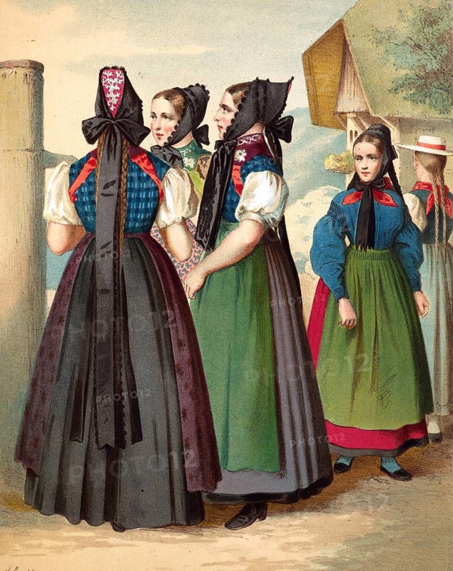Traditional costumes in Germany around 1820, Baden, Simonswald, Waldkirch, Donaueschingen, woman in traditional traditional costume with headscarves in front of a village building, digitally retouched reproduction of a model from around 1850, by Albert Kretschmer (27 February 1825, 11 July 1891), German painter and costume expert