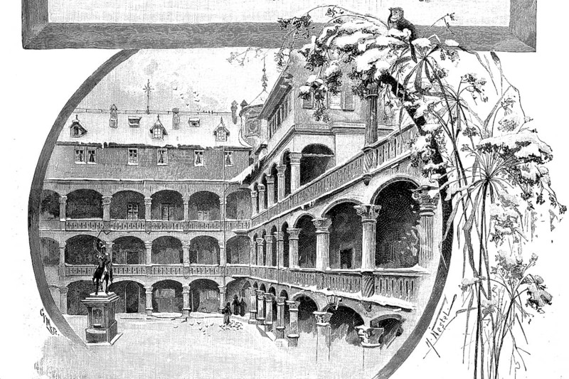 Courtyard of the Old Palace in Stuttgart, 1890, Baden-Württemberg, Germany, illustration, reproduction from a model from the 19th century. Authentic, file restored for optimal use, exact date of submission unknown, historical