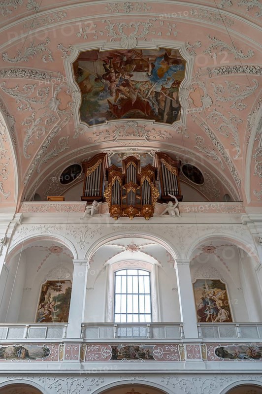 Organ loft of the Church of the Guardian Angels, built in the 17th century and rebuilt in Baroque style after its destruction in 1717, Eichstätt, Upper Bavaria, Germany
