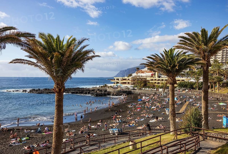 Palm trees with Las Arenas beach in Puerto de Santiago, Atlantic, Tenerife, Canary Islands, Spain