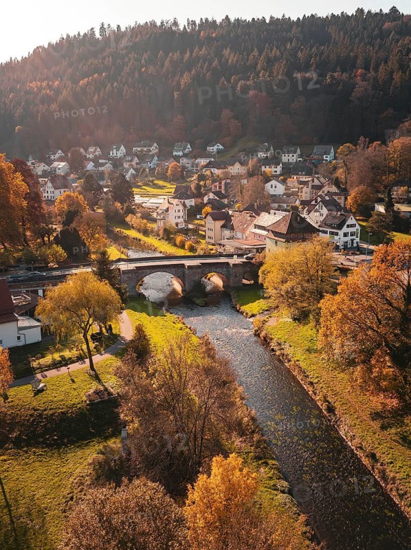 Village in autumn with river and bridge, embedded in a hilly landscape full of trees, Calw, Black Forest, Germany