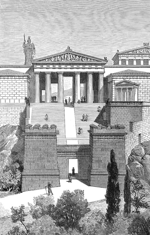 Reconstruction of the propylaea, the entrance to the Acropolis in Athens, Greece, 5th Century BC