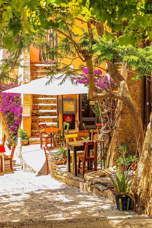 Street cafe in Via Cavour, Capoliveri, Elba Island, Tuscan Archipelago National Park, Tuscany, Italy