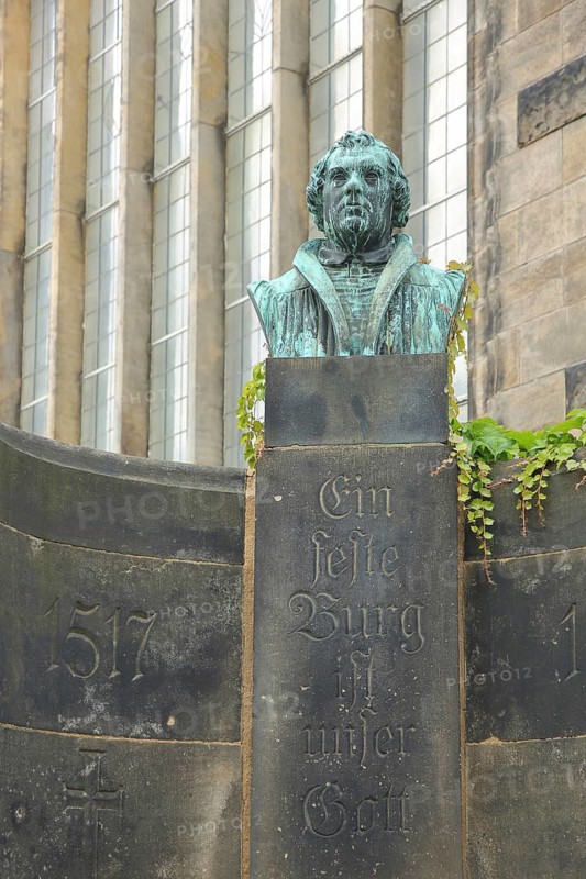 Martin Luther Fountain with Inscription A Mighty Fortress is Our God and the Year 1517 at the Cathedral, Quote, Saying, Chant, Text, Freiberg, Saxony, Germany