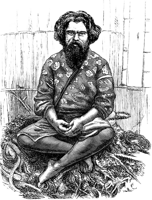 Portrait of a man from the ancient Aino tribe, one of the first settlers of Japan, dark black hair, full beard, clothes, pointed shoes, sitting on ropes for fishing, history of mankind, Japan, historical illustration 1880