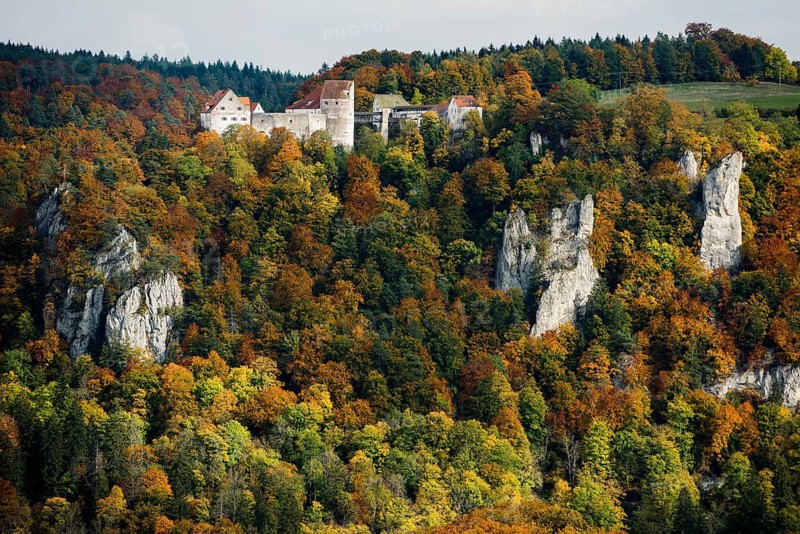 Autumnal forest and Wildenstein Castle, Rauher Stein viewpoint, near Leibertingen, Upper Danube nature park Park, Upper Danube Valley, Danube, Swabian Jura, Baden-Württemberg, Germany