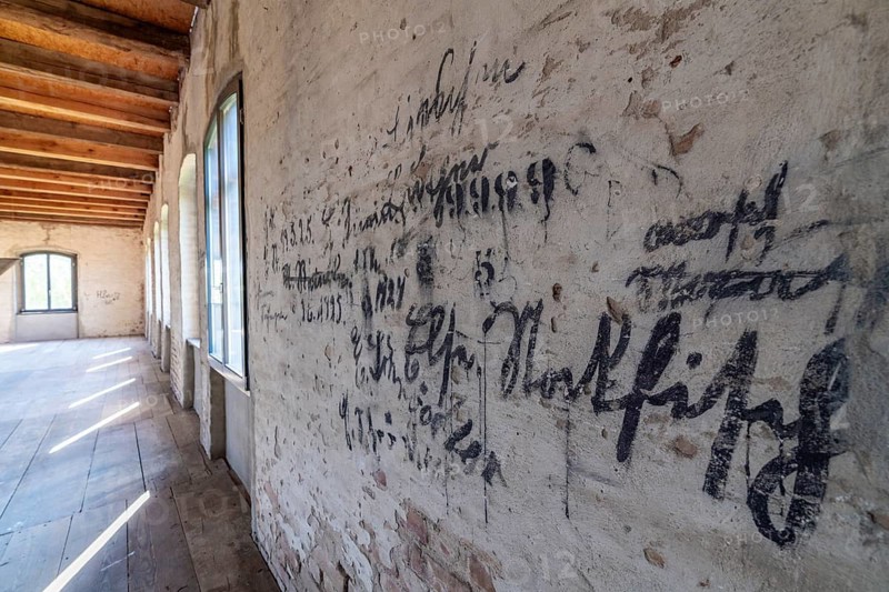 Historic inscriptions of tobacco growers at Kulturhof Uckermark in a historic tobacco warehouse in Vierraden, Schwedt an der Oder, Uckermark, Brandenburg, Germany