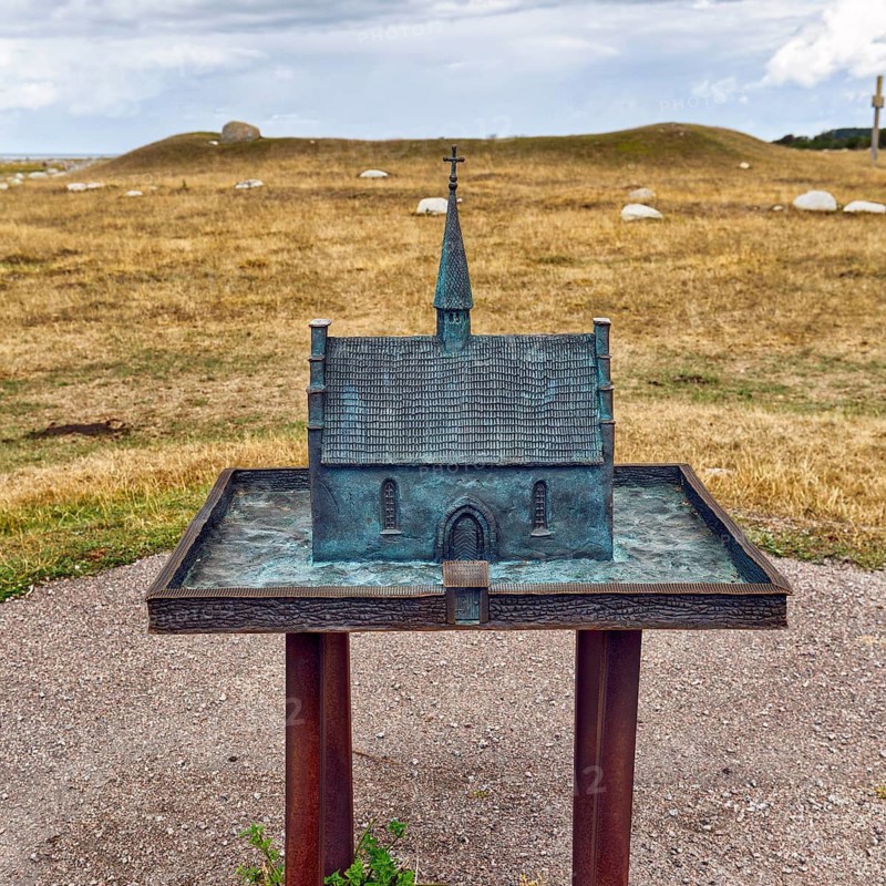 St Johannes Chapel, Saint John Chapel, bronze model, Kyrkhamn, Ottenby Nature Reserve, barren limestone landscape, Stora Alvaret, agricultural landscape in Südoeland, Öland island, Kalmar län, Sweden
