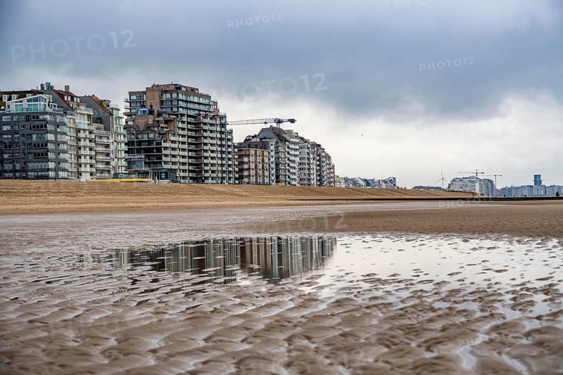 The skyline of Knokke-Heist, on the North Sea beach, dreary winter day, mostly apartment buildings with rental or condominiums, high-rise buildings on the Zeedijk-Knokke road, Belgium