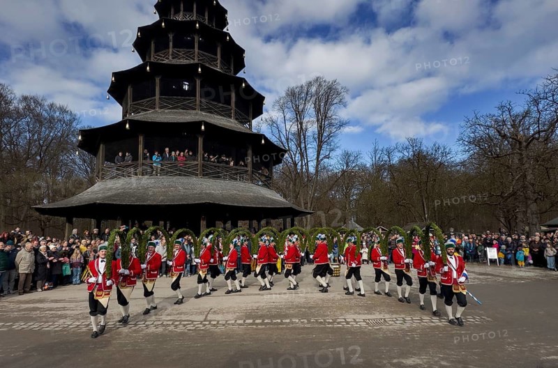 Schaeffler dance in 2026 in the English Garden, behind the Chinese Tower. The event takes place every 7 years between Epiphany and Shrove Tuesday, Munich, Bavaria, Germany