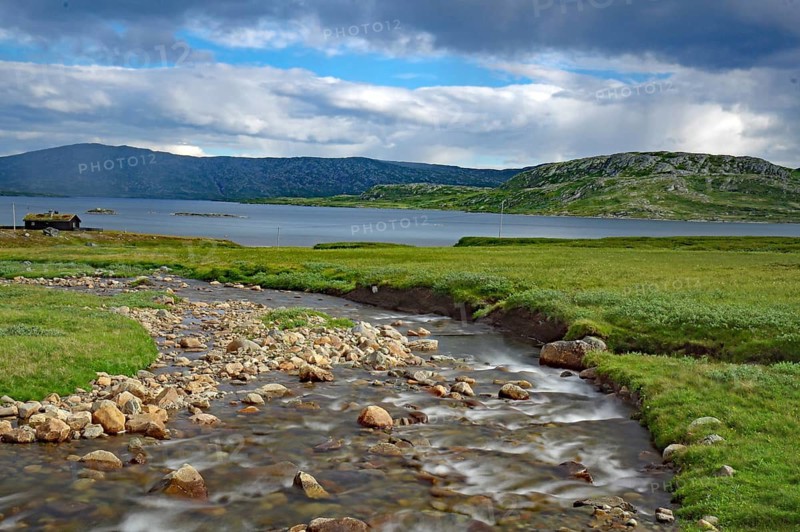 A small river flows through green fields under a cloudy sky with mountains in the background, Fell, Jotumheimen, Norway