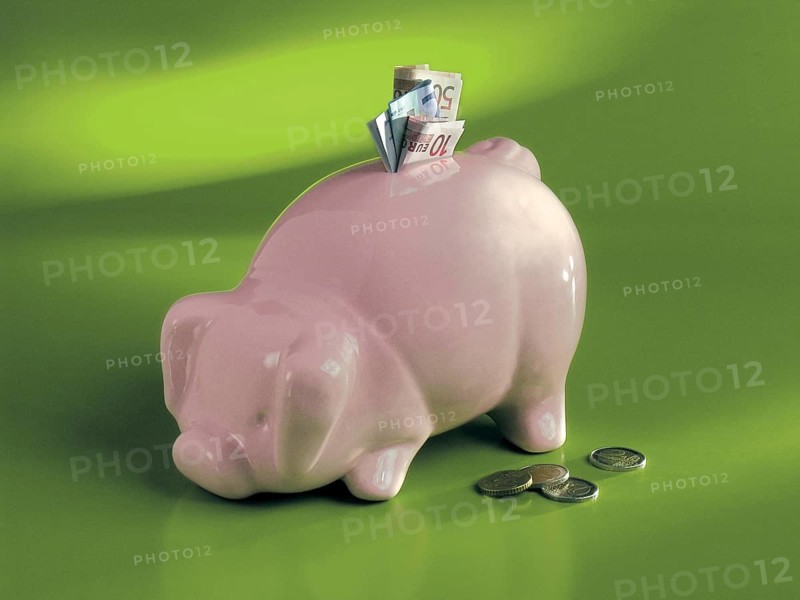 Piggy bank with banknotes on green background, Bavaria, Germany