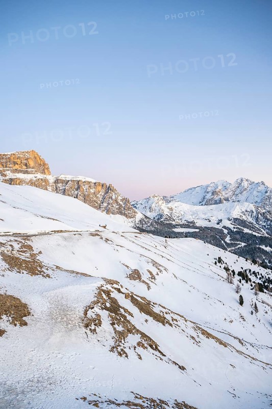 Beautiful landscape of the Mountain silhouettes of the Sexten Dolomites on a sunny winter day, South Tyrol, Trentino-South Tyrol, Alto-Adige, Italy