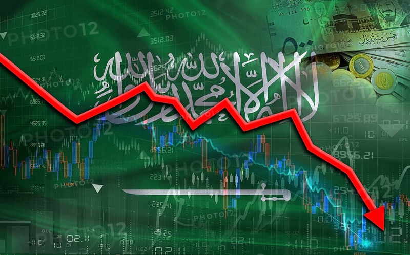 Saudi Arabia financial fall on economy market. Saudi financial crisis on economic graph