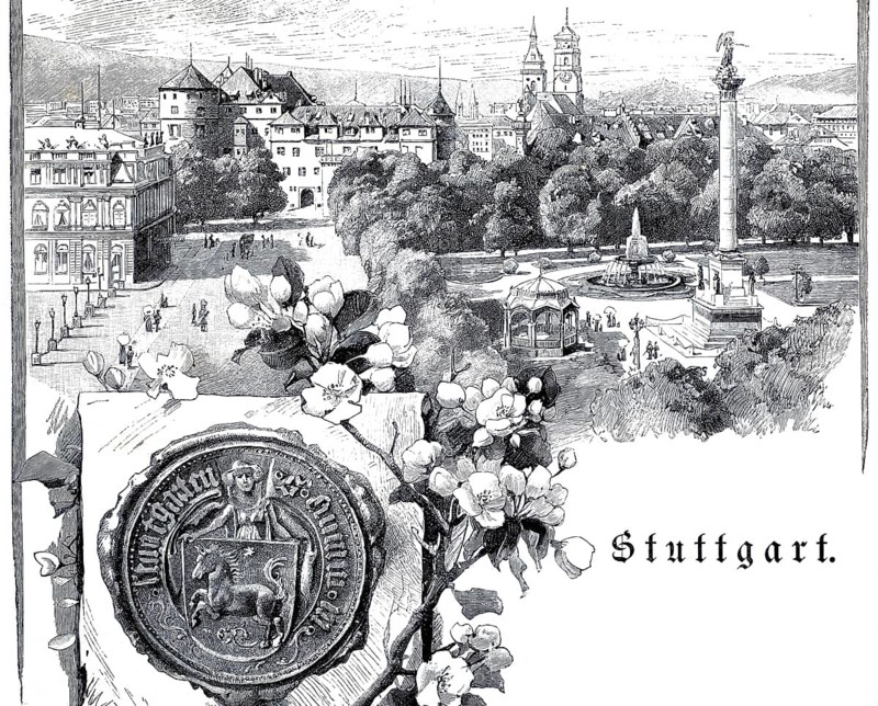 Schlossplatz with a view of the old castle in Stuttgart, 1890, Baden-Württemberg, Germany, illustration, reproduction from a model from the 19th century. Authentic, file restored for optimal use, exact date of submission unknown, historical