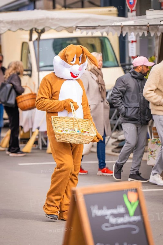 Person in rabbit costume with a basket passes by a market stand, Easter campaign, Sindelfingen, Böblingen district, Germany