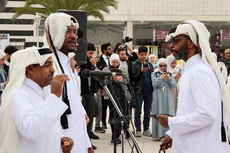 In Damascus, Syria on February 9, 2026, a Qatari heritage troupe presents musical performances to visitors at the Saudi pavilion during the first Damascus International Book Fair held after the fall of the Assad regime. The event marks a new era of Arab cultural presence and celebration in the Syrian capital, Damascus, Damascus, Syria