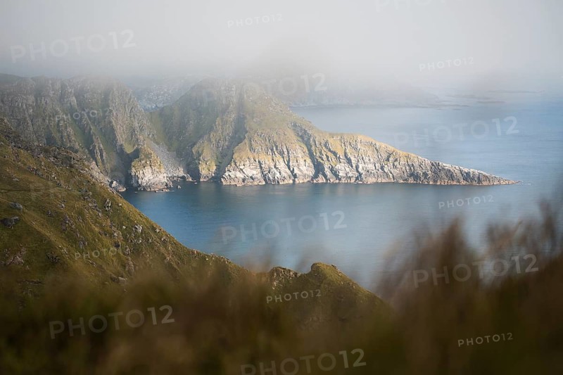A serene coastal scene in Norway, showcasing mist-covered cliffs surrounded by calm ocean waters The soft lighting and lush green terrain create a peaceful and natural atmosphere
