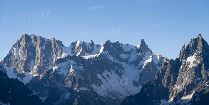 View of spectacular rocky pointed mountain peaks of the Grand Jorasses, Mont Blanc Massif, Aiguilles Rouges, Chamonix-Mont-Blanc, Haute-Savoie, France
