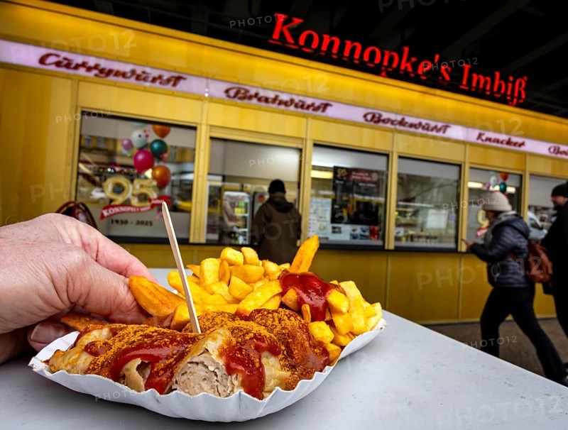 Cult in Berlin: Currywurst at Konnopke's Imbiss. Sausage with ketchup and french fries. Behind it, the kiosk with neon signs and logo. Berlin, Germany