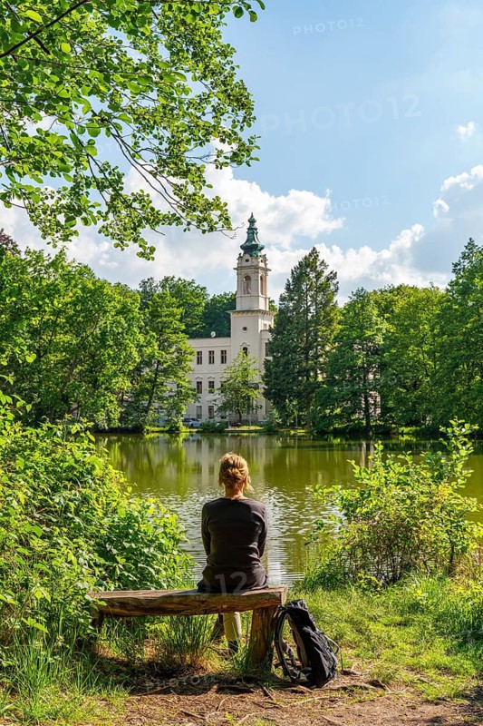 Woman hiking sitting on a bench with a view of Dammsmühle Castle at the mill pond, Schönwalde, Wandlitz, Barnim, Brandenburg, Germany
