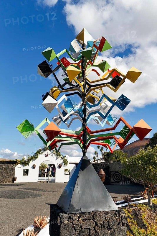 Colourful wind chimes at the entrance, former home of the artist, Fundacion Cesar Manrique, Tahiche, Teguise, Lanzarote, Spain