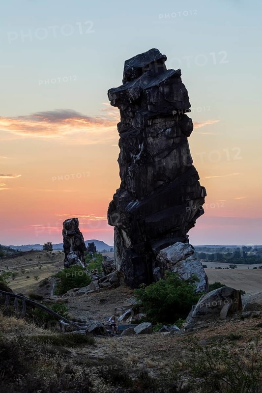 Sunset at the Devil's Wall near Weddersleben, Thale, Harz, Saxony-Anhalt, Germany