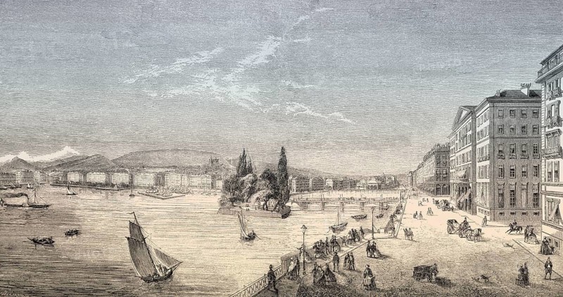 Old view of Geneva and the lake, Switzerland, 1857