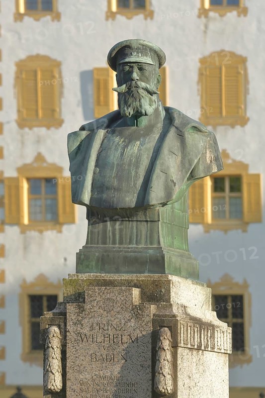 Monument and bust to Prince William of Baden, bronze, sculpture, monastery, castle, Salem, Lake Constance region, Baden-Württemberg, Germany