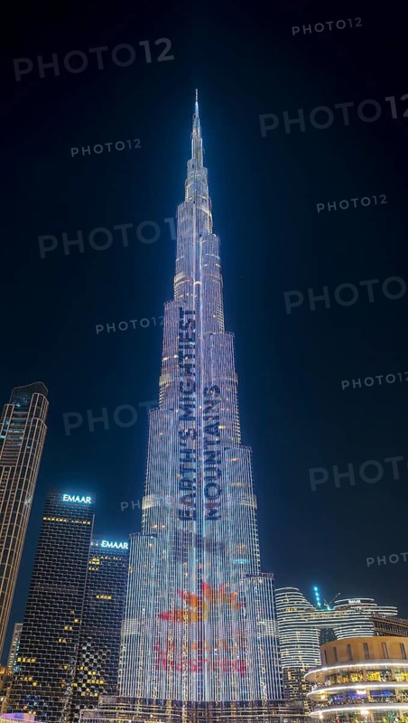Night shot, illuminated advertising at the Burj Khalifa, Downtown, Dubai, United Arab Emirates
