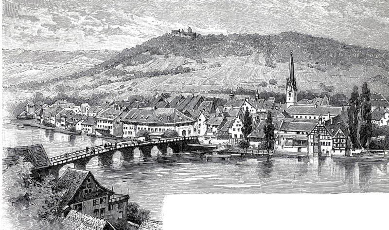 View of Stein am Rhein in 1896, Switzerland, illustration, reproduction from a 19th century model. Authentic, file restored for optimal use, exact date of original unknown, historical, panorama of a city on the river with bridge and surrounding hills