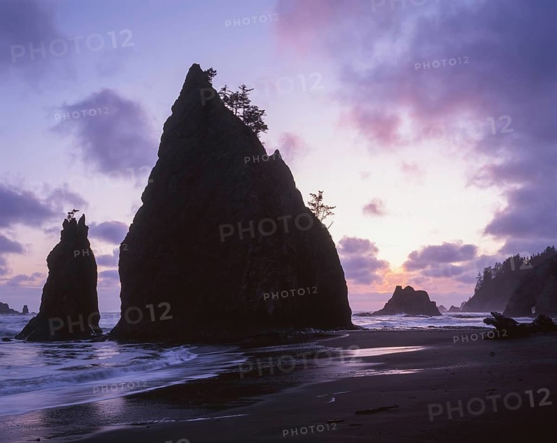 Stunning coastal scene featuring tall, jagged sea stacks silhouetted against a colorful sunset sky, with gentle ocean waves lapping at the rugged shoreline