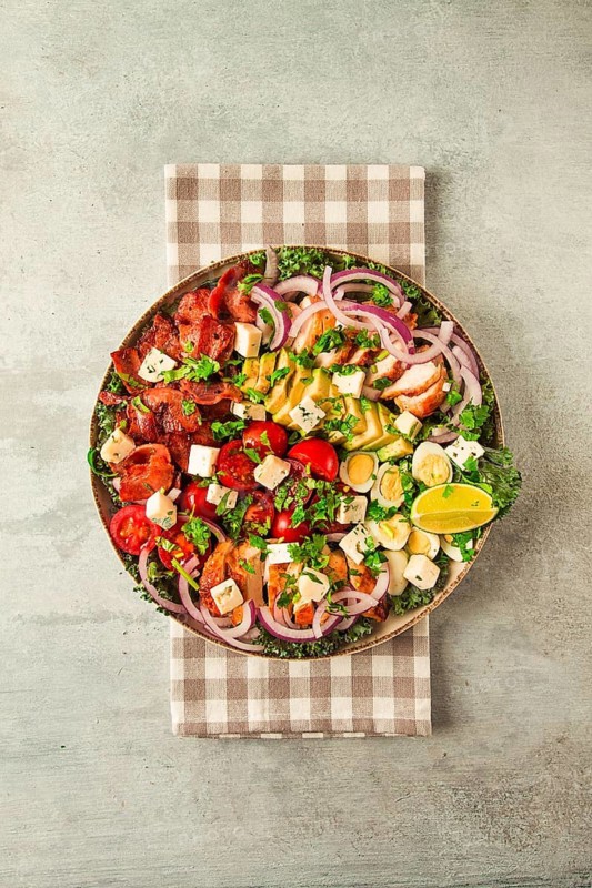 Cobb salad, keto food, top view, no people, close-up
