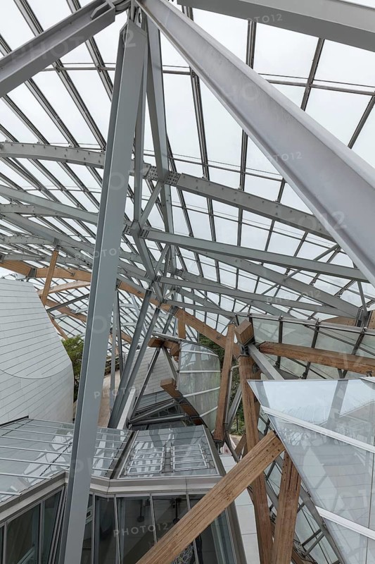 Louis Vuitton Foundation construction, futuristic steel, wood and glass building by architect Frank Gehry, Bois de Boulogne, Paris, France
