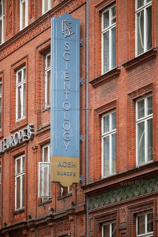 Sign, Denmark headquarters of the Church of Scientology, Copenhagen, Denmark
