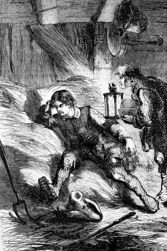 Before King Charles II (1630 to 1685) became king, he lost to Cromwell's New Model Army at the Battle of Worcester on 3 September 1651 and sought refuge in a barn, where he was disguised as a woodcutter, England, digital reproduction of a historical model