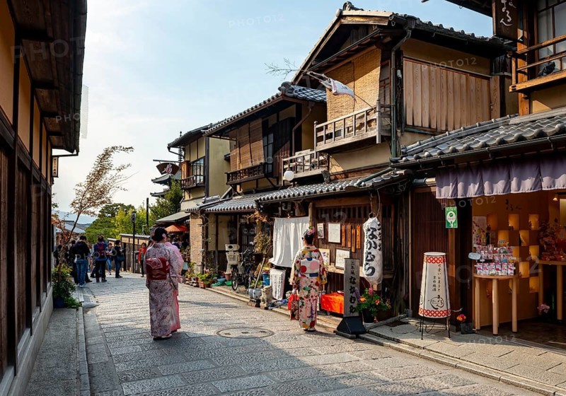 Two Japanese woman wearing colorful kimonos in an alley with traditional Japanese houses, Higashiyama, Kyoto, Japan