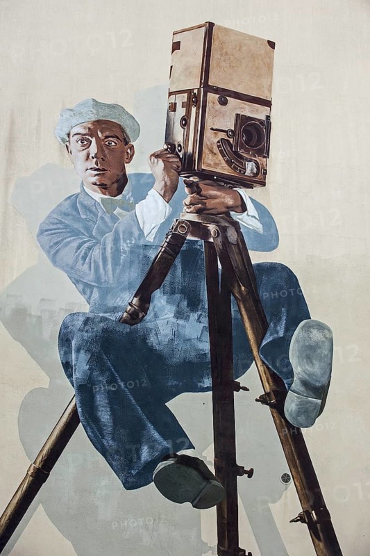 Wall painting of Buster Keaton, the cameraman, in the city Cannes, French Riviera, Provence-Alpes-Côte d'Azur, France